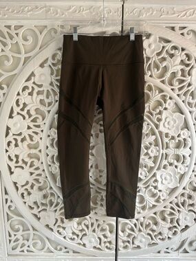 Lululemon Cropped Leggings Dark Olive Green Mesh Panel High Rise Size 6